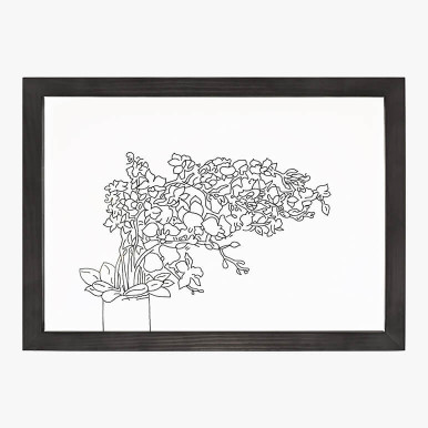 Product feature image of a floral line art piece, in monochrome black and white colors, framed in black