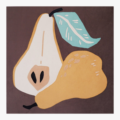 Product feature image of an earthy colored and canvas framed food themed wall art, showcasing a golden pear cut in half