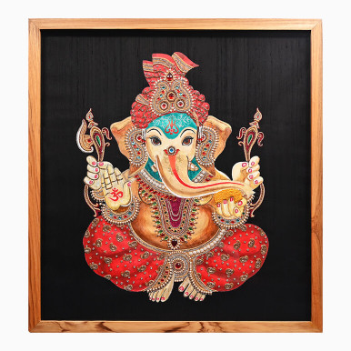 Feature image showcasing a Ganesha painting in vibrant colours that is embellished in embroidery in certain parts, done over a black raw silk background and framed in wood