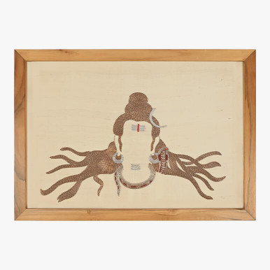 Image featuring a textile artwork showcasing God Shiva art, done using French purl wire in copper shades over a cream fabric background, seen framed in a wooden frame