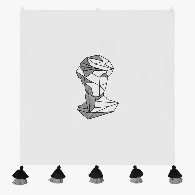 modern embroidered tapestry with a minimalistic line art style featuring a male head over a white cotton background