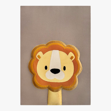 feature image of a textile artwork in earthy colors showcasing a cute lion nursery art