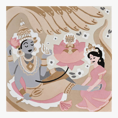 Feature image of a patchworked textile art showcasing Lord Maha Vishnu in his cosmic repose, done in calming pastel and neutral colors