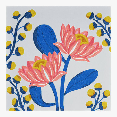 Feature image of a lotus art showing pink lotuses with blue stalks over a pastel blue background, embroidered and canvas framed