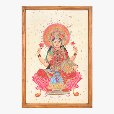 Feature image of a textile artwork showcasing Hindu Goddess Mahalakshmi, done in hand painting and hand embroidery in vibrant colours over cream raw silk