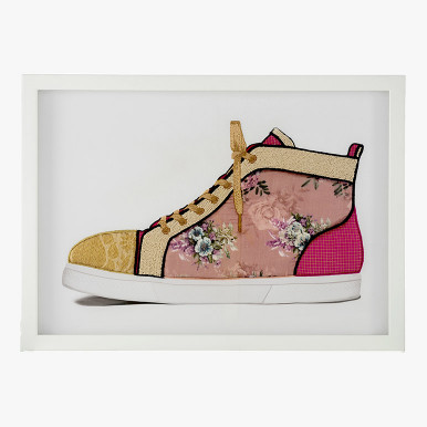 framed mixed media artwork of a pink sneaker done with fabric patchwork