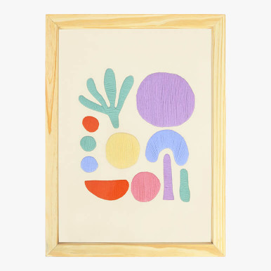 Product feature image of a pastel abstract textile wall art, framed in wood