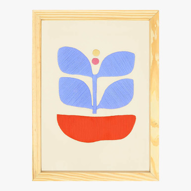 Feature image of a blue abstract wall art piece with pops of orange, seen framed in wood and hand-embroidered in wool