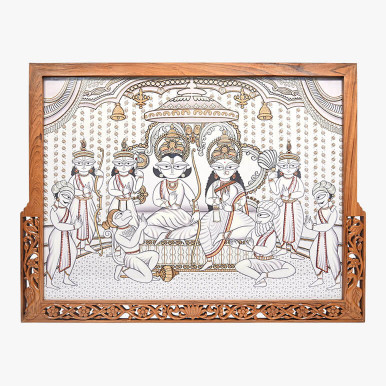 Textile artwork featuring Ram Darbar scene from Indian mythology; minimalistic Patachitra style of art framed in a hand-carved custom wood frame