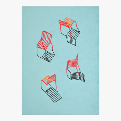 Feature image of a textile still life art showcasing a group of red chairs and their shadows hand embroidered over a suede blue background