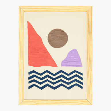 Feature image of a sunrise wall art, in abstract style with earthy colors, framed in wood