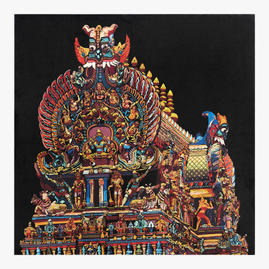canvas framed temple art featuring the top of an Indian temple in vivid colors over a black background