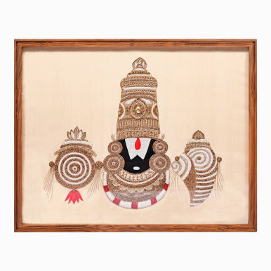 Feature image showcasing Tirupati Balaji in a textile artwork over a cream raw silk background, framed in wood