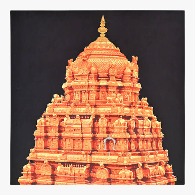 Image featuring a textile artwork showcasing the gold colored Tirumala Venkateswara Temple in the form of an artistic rendering over a black soft velour fabric background
