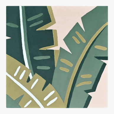 Product feature image of a tropical wall art showcasing green toned banana leaves over a beige background, done in textile art form and canvas framed
