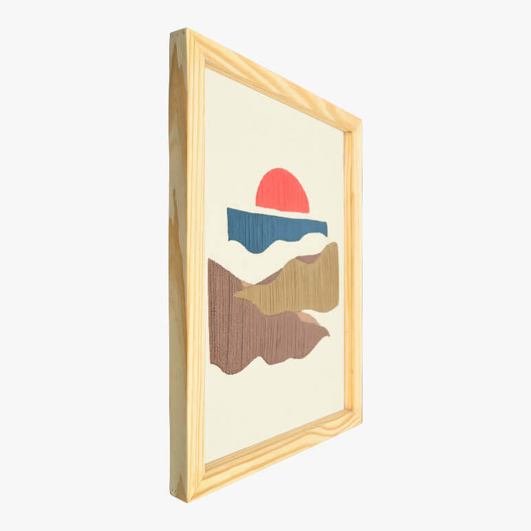 Left angle view of an abstract mountain wall art, framed in wood