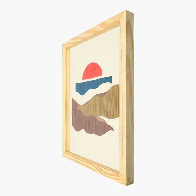 Right angle view of an abstract mountain wall art, framed in wood