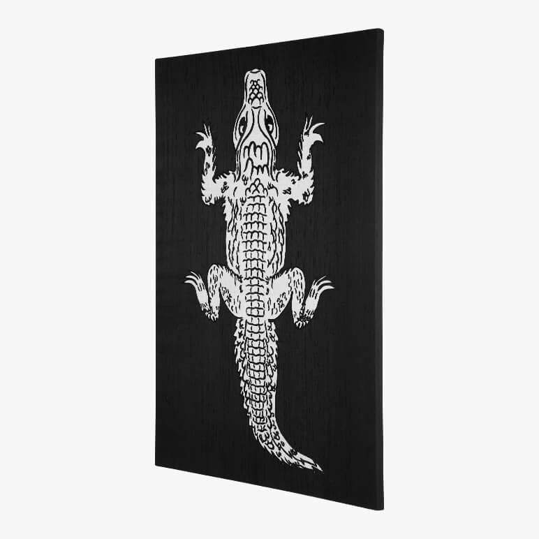 framed alligator art in black and white colors seen from the side