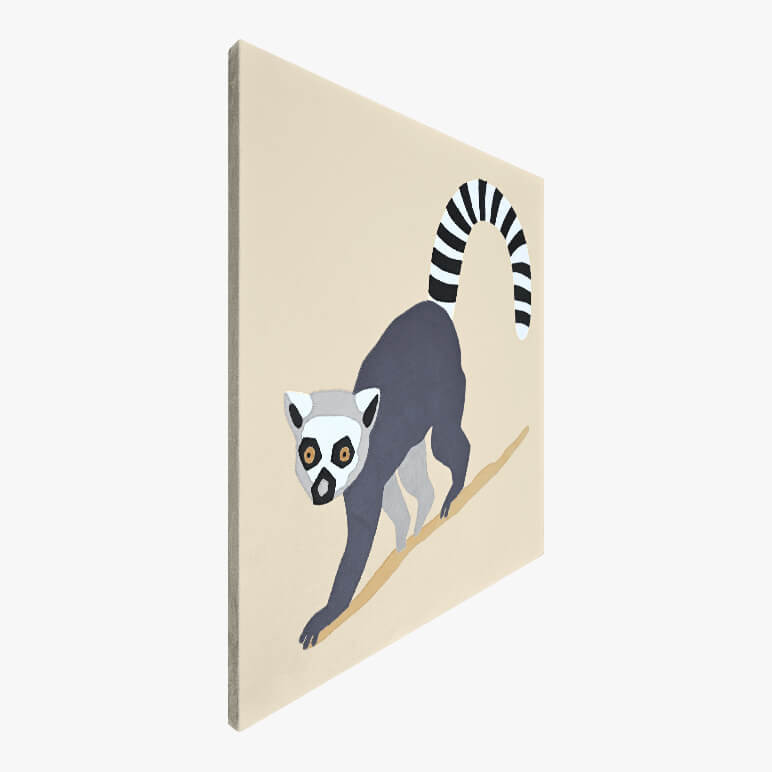 Left angle view of a monochrome wall art piece featuring a lemur monkey, canvas framed