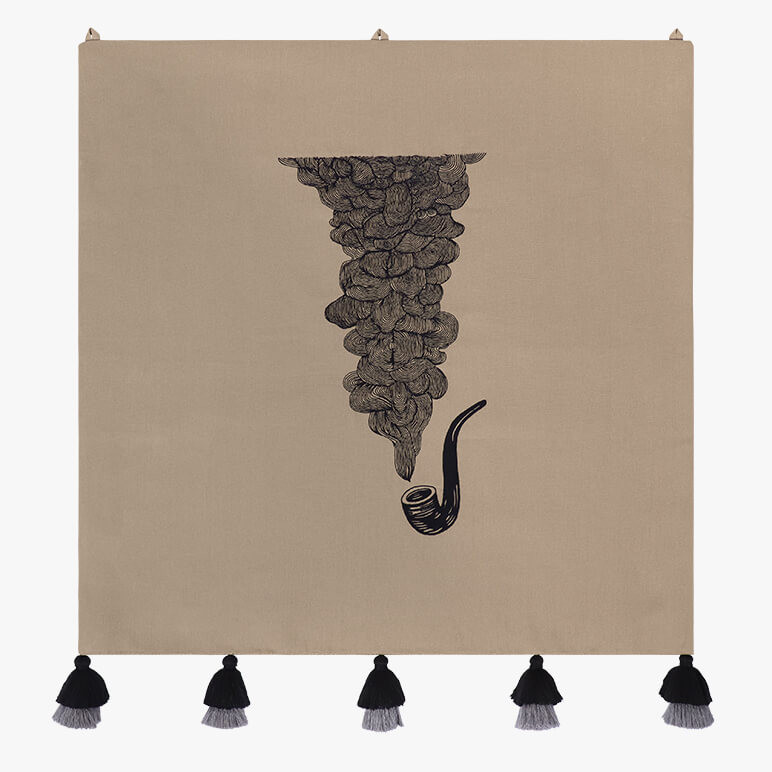earthy color minimalistic tapestry with an embroidered smoking pipe and smoke rings at the center and five black and grey tiered tassels at the bottom, meant as a unique anniversary gift for him