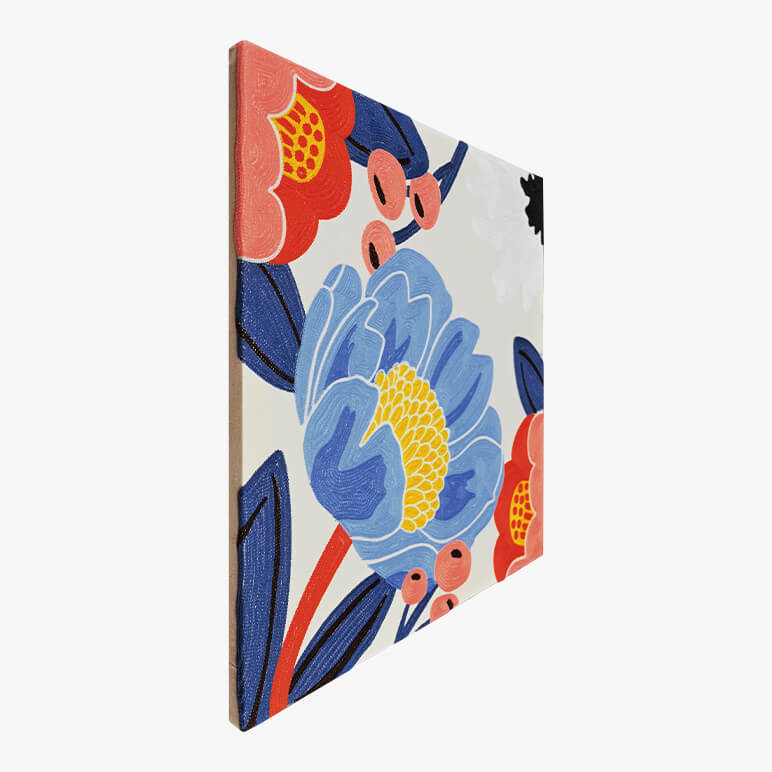 Left angle view of a canvas framed art with flowers in blue, red and yellow colors