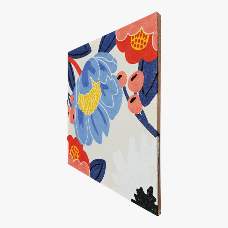 Right angle view of a canvas framed art with flowers in blue, red and yellow colors