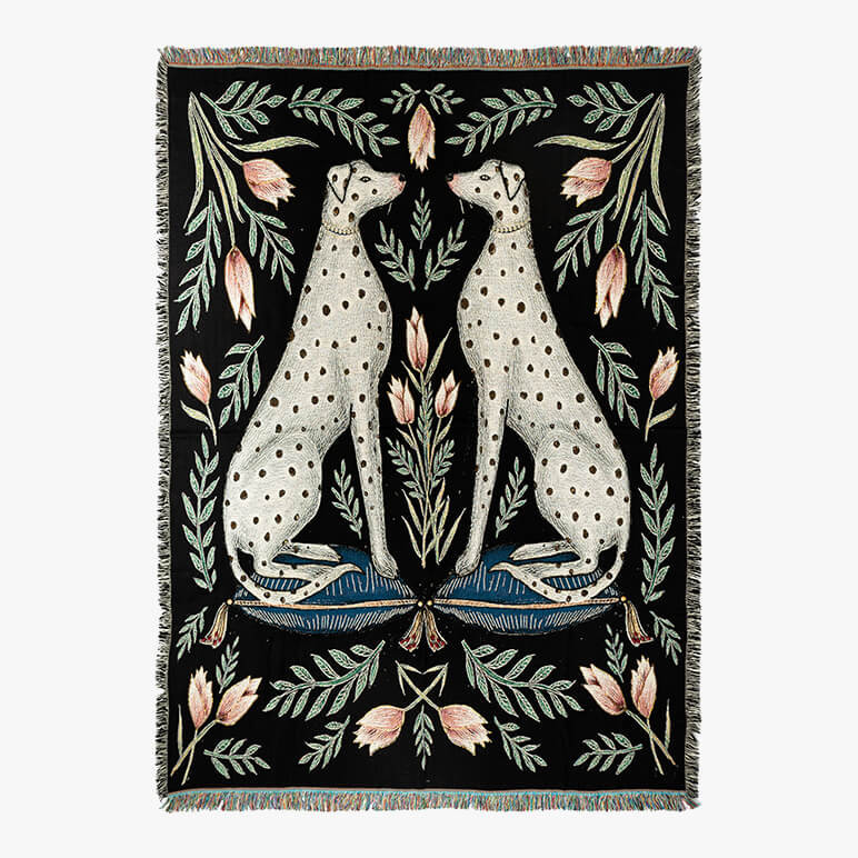 embellished beaded wall art and throw blanket in black with two large dalmatians on it with pink tulips