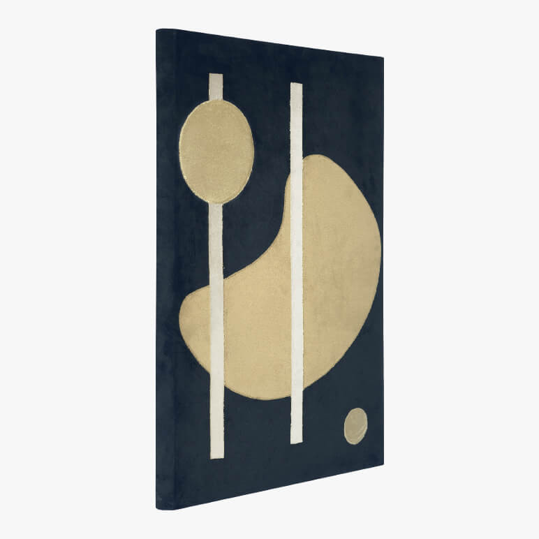 side angle view of a canvas framed black abstract artwork with organic shapes on it