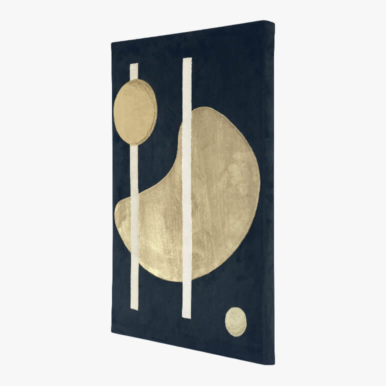 side angle view of a framed black abstract wall art with organic shapes on it