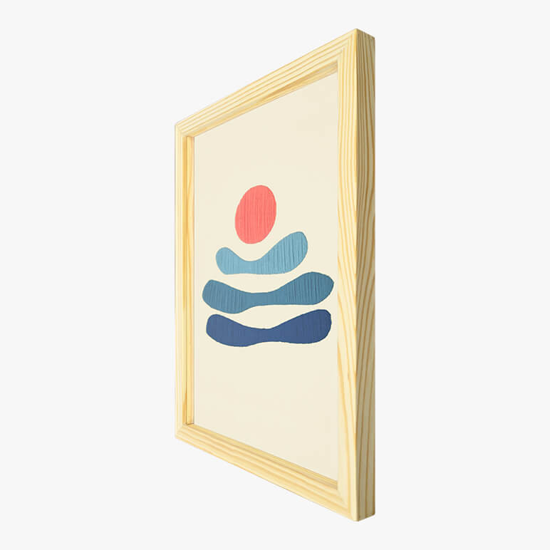 Right angle view of a framed textile art showing a blue abstract wall art in salmon and blue colors, hand-embroidered over beige cotton, framed in wood
