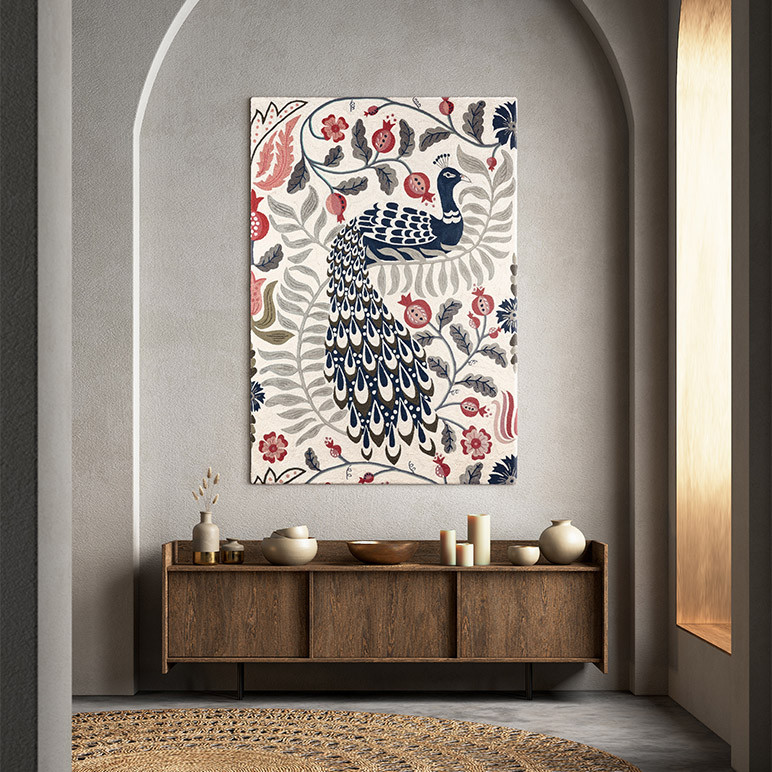 large boho white wall art with a blue peacock seated among grey and red foliage