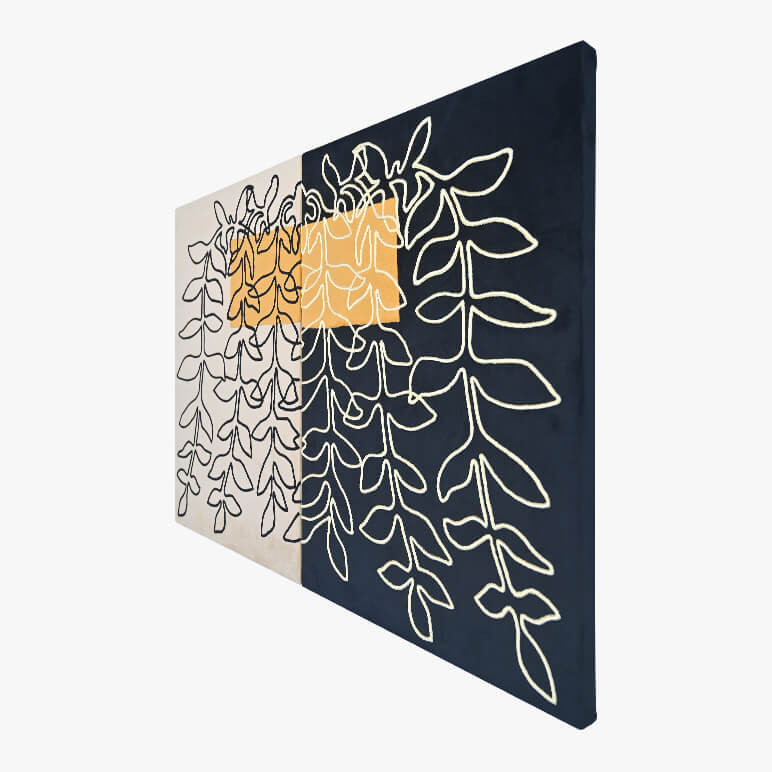 Right angle view of a minimalist botanical art in earthy color tones of black and cream, featuring planter boxes with foliage hanging from them