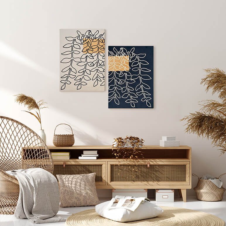 Staged view of a minimalist art in diptych form with two textile artworks canvas framed, featuring hanging planters in cream and black colors