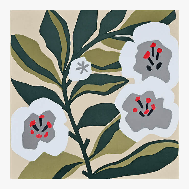 Product feature showcasing a flower artwork in green, grey, white and beige tones