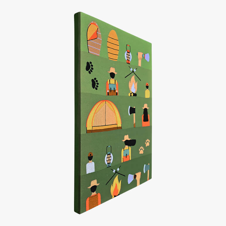 Left angle view of a green colored camping scene textile art