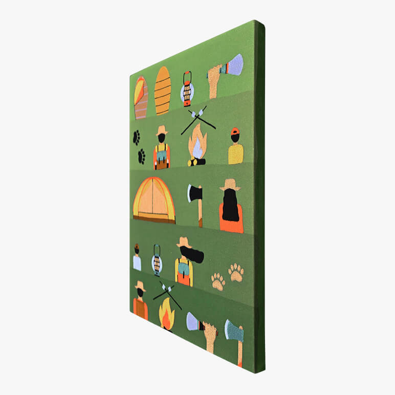 Right angle view of a textile art showcasing a camping scene on green