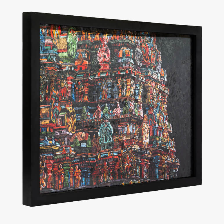 side view of a framed cultural wall art showcasing a part of an Indian temple 
