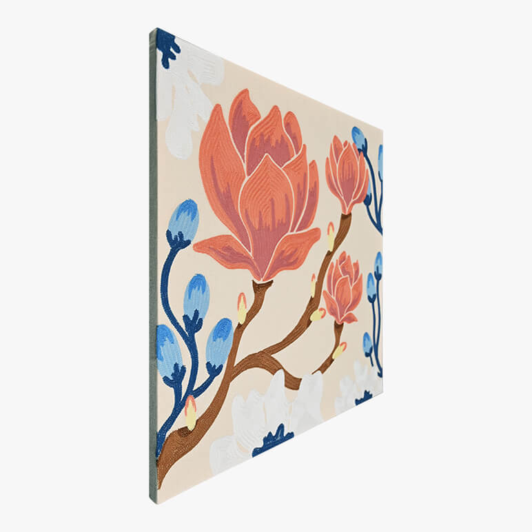 Left angle view of a textile art, canvas framed, featuring floral embroidery designs 