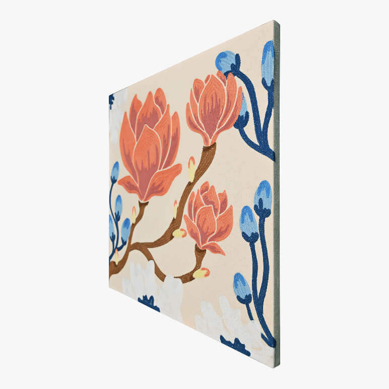 Right angle view of a canvas framed textile art featuring floral embroidery designs
