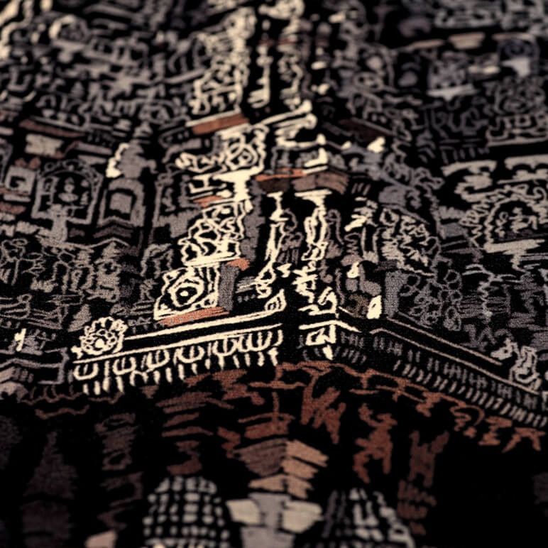 closeup view of a printed fabric wall artwork featuring an Indian temple in black and gray color tones