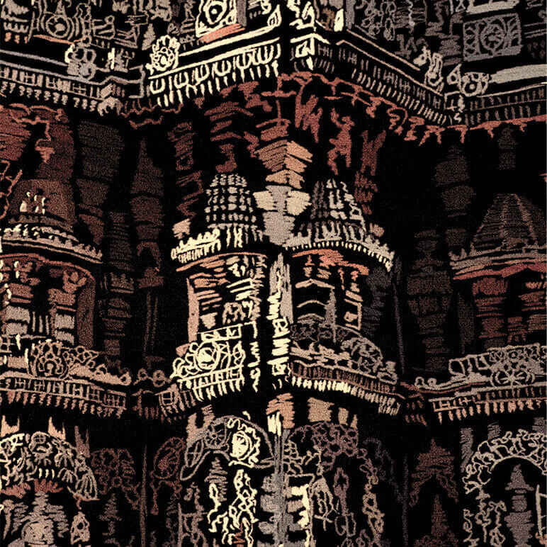 closeup view of a fabric printed Indian temple wall artwork in black and warm gray