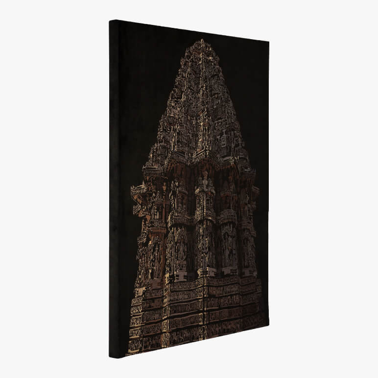 side view of a canvas framed exotic Indian wall art showcasing an Indian temple in neutral colors