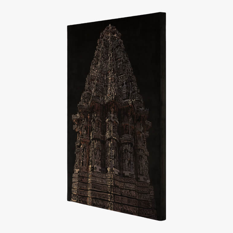 side angle view of a canvas framed exotic textile artwork featuring a fabric printed Indian temple