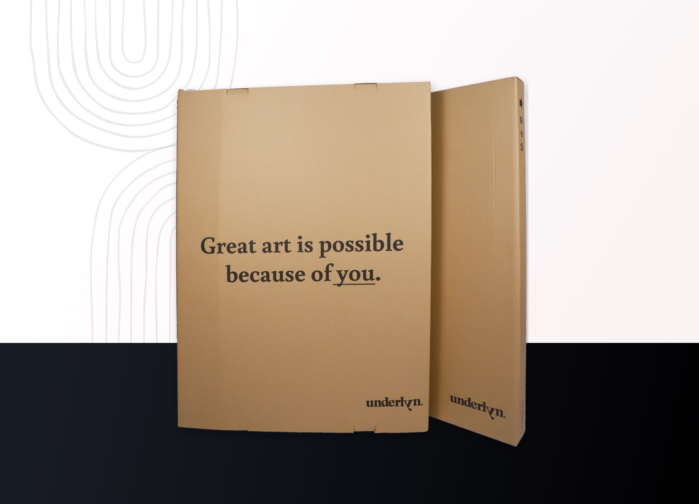 A brown cardboard packaging box featuring the words 'Great art is possible because of you,' containing the exquisite kantha embroidery artwork 'Meet you after midnight.' The box adds a touch of rustic charm while acknowledging the invaluable role of art e