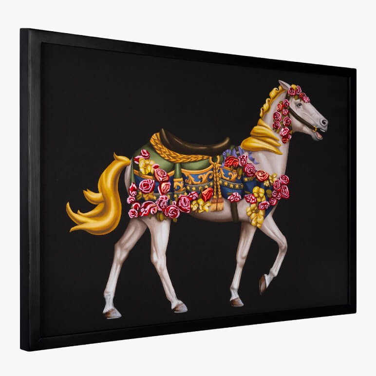 side angle view of an extra large framed wall art featuring a white decorated horse on a black background