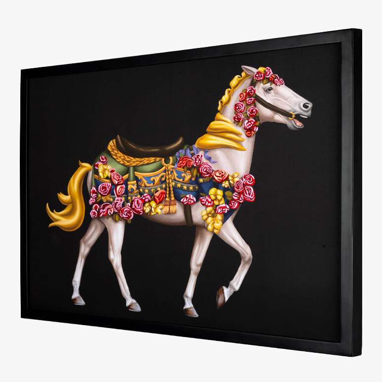 side angle view of an extra large wall art featuring a decorated white carousel horse on a black cotton background