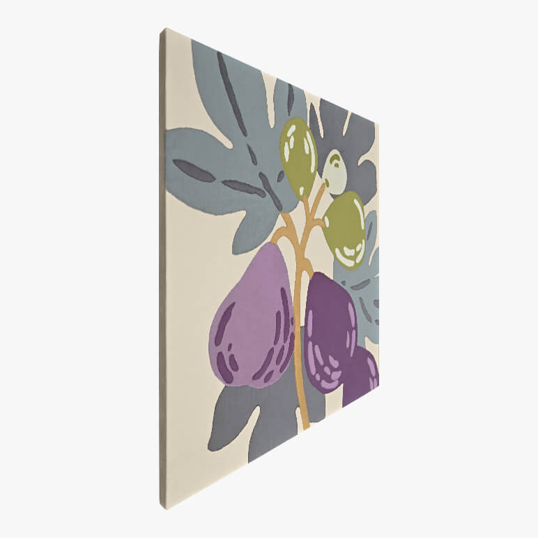 Left angle view of a canvas framed fig tree wall decor piece in shades of violet, lavender, green and grey over a beige fabric background