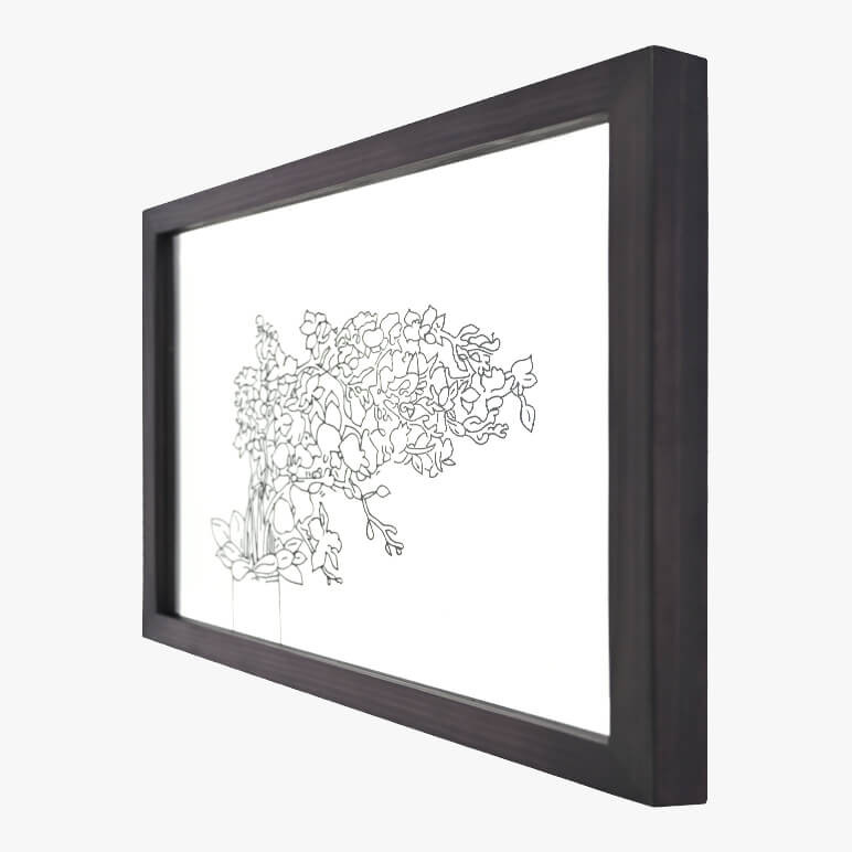 Right side view of a floral line art piece, in monochrome black and white colors, framed in black