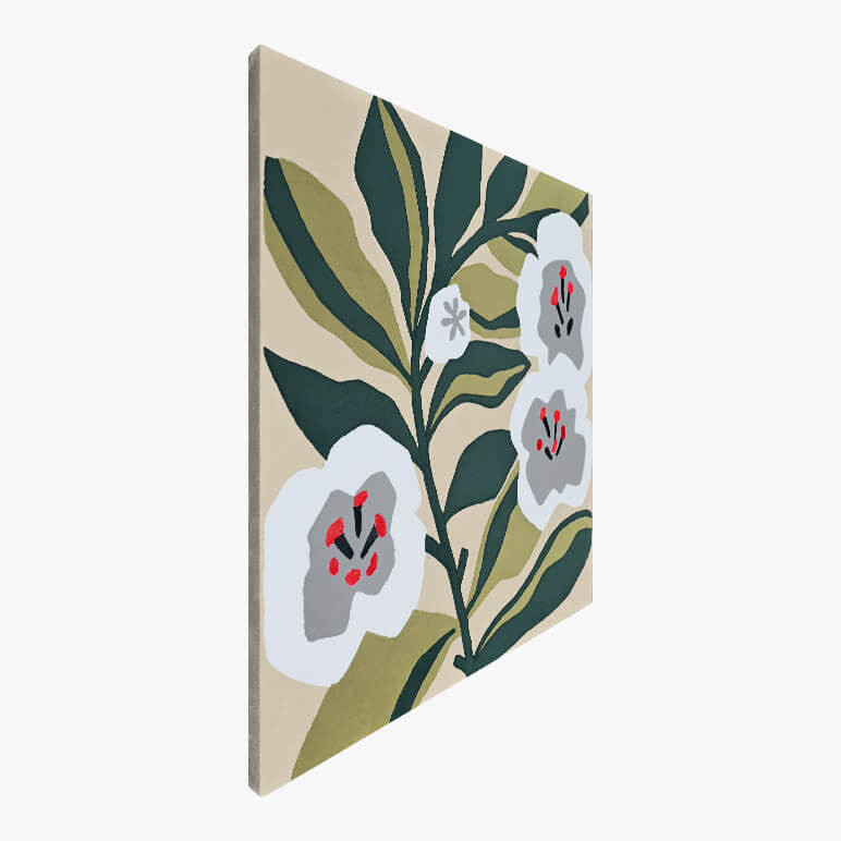 Left angle view of a framed textile artwork showcasing a flower art, canvas framed