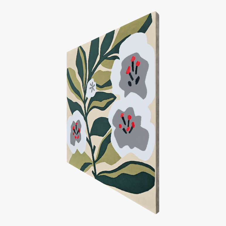 Right angle view of a framed textile artwork showcasing a flower art, canvas framed